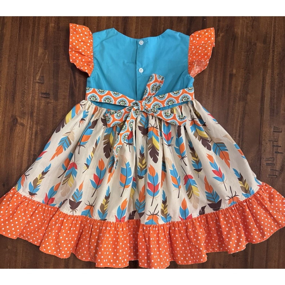 Eleanor Rose Thanksgiving Parade Dress Size 3-4 Toddler Feather Turquoise Orange - Picture 3 of 5